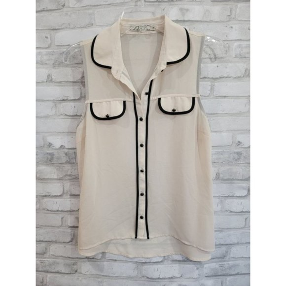 Chloe K. Sleeveless Sheer Top Beige Black Buttons Womens Top Size Medium‎